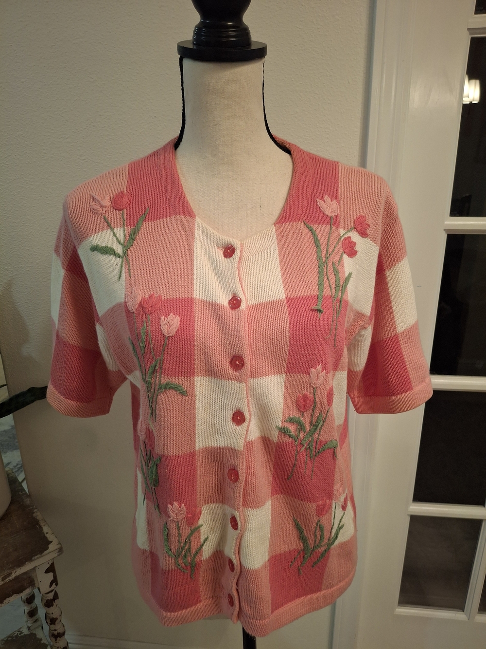 Cottagecore Pink and Cream Checkered Floral Knit Cardigan